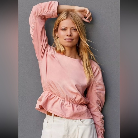 Maria Bouvier x Anthropologie hand dyed organic cotton pink ruched top Small - Picture 2 of 12